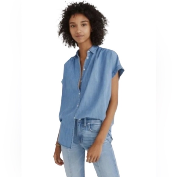 Madewell Womens Chambray Denim Button Down Shirt XL Blue Sleeveless Relaxed - Picture 1 of 8
